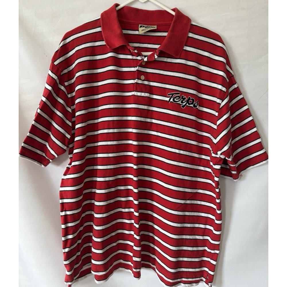 Vintage Russell athletic Maryland Terps cotton red white striped polo shirt XL